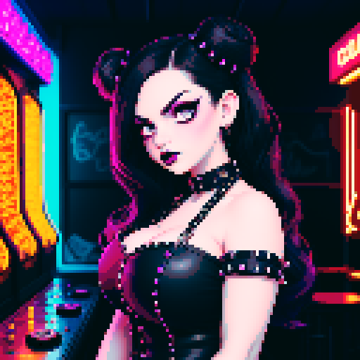 Curvy cute goth girl bartender, hair in buns, dark smoky eyes, black studded choker, fishnet stockings, pouring colorful cocktails, retro arcade game machines, pachinko machines, vibrant sRGB colors.  busty goth babe with studded collar, wearing halter top, in a full face portrait with a glamour shot aesthetic, against a moody tile backsplash, capturing an edgy pixel art style in sRGB