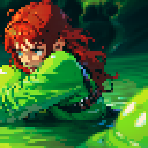 hero sinking into slime, hero drowning in slime, hero has red hair, hero has silver armor