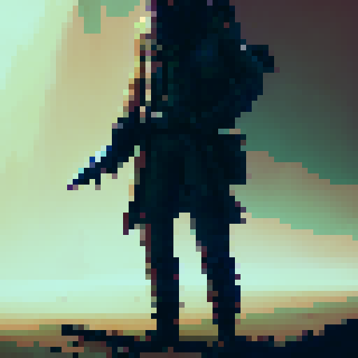 Steampunk hunter dressed with long coat with rifle on back and pistol on hand viewed from top down perspective