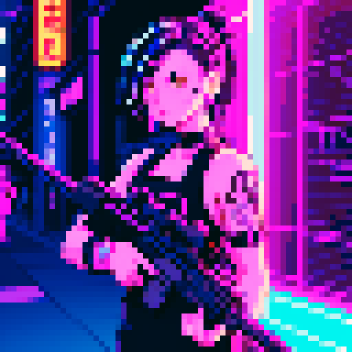 Street anime crypto mage girl, neon-lit night market, slicked-back hair, pixelated sniper rifle, fluorescent tattoos, sRGB glow, bustling crowds.
