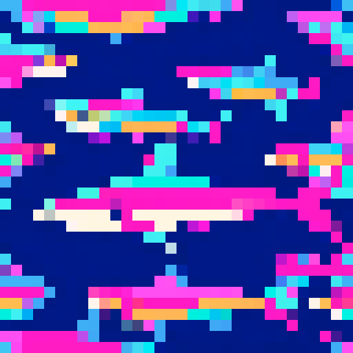 Iridescent Shark, vibrant hues, shimmering scales, pixelated art, sRGB color palette