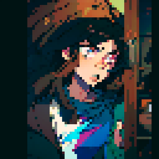 long brown haired man, disheveled appearance, wide-eyed, frenetic energy, dilated pupils, sleep-deprived, dark circles under eyes, animated expressions, exaggerated hand gestures, vibrant colors, jagged edges, pixelated representation, 8-bit aesthetic, retro-inspired, sRGB color palette