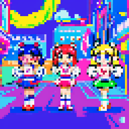 kawaii cheerleaders, pigtail hair, galaxy in the sky, meat background, neon colors