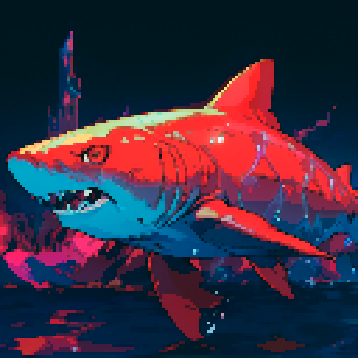 shark, vibrant colors, sharp teeth, underwater scene, dynamic movement, 8-bit style, detailed scales, contrasting shadows, oceanic background, retro gaming aesthetic