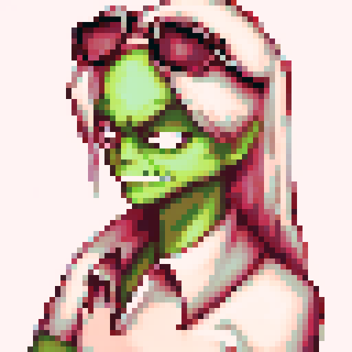 Green-skinned zombie with shoulder-length blonde hair, styled with straight bangs slightly covering the forehead and a high ponytail, green eyes with a neutral, somewhat bored expression, subtle blush on the cheeks and a slight frown, wearing large pinkish red goggles resting on top of the head, a white jacket over a red vest and red tie, with a white shirt and collar visible, in a sRGB pixel art style against a background of a detailed landscape