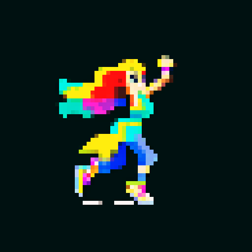 walking figure, energetic strides, flowing locks, vibrant colors, retro aesthetics, dynamic motion, exaggerated arm swings, lively pixelation, detailed highlights, smooth transitions, seamless animation