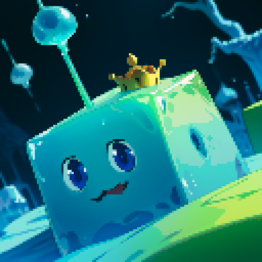 Blue Slime cube, Gelatinous cube, wearing crown, giant Slime, boss fight
