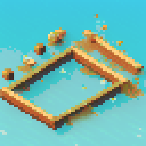 raft spritesheet, pixel art, top-down view, water rippling in the background, wooden planks forming the floor