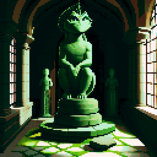 basilisk surrounded by stone statues in a castle hall