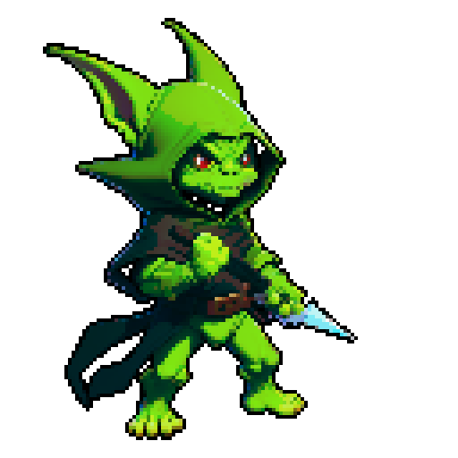 A stealthy and deadly goblin with a hood, twin daggers, and a shadowy presence. It has sharp eyes and a focused expression, ready to strike from the darkness. No background.
