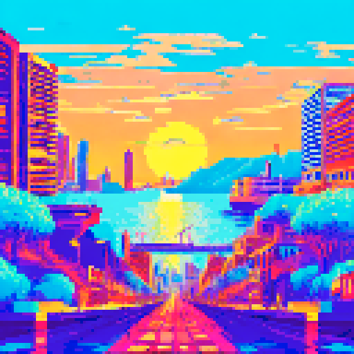 Monaco's glittering harbor nestled amidst towering skyscrapers, a sleek red Ferrari zooming past the roaring crowd, the sun-drenched coastline glittering in the background, all captured in vibrant pixelated glory