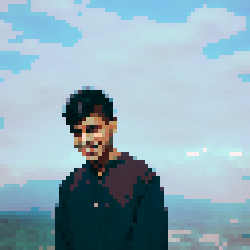 Indian boy with a slightly pointed chin and a warm, friendly smile, warm and medium-tan complexion, large and dark brown eyes with long, dark eyelashes, thick and dark brown eyebrows with a slight arch, medium-sized and slightly rounded nose, wide and expressive mouth with slightly upturned corners, short and black hair with a slight wave, character portrait, close up, anime style, pixel art