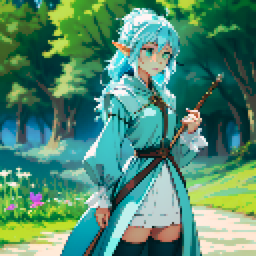 a light blue hair colored elf girl with green eyes, job class mage, age 16 , standing ,holding wood wand