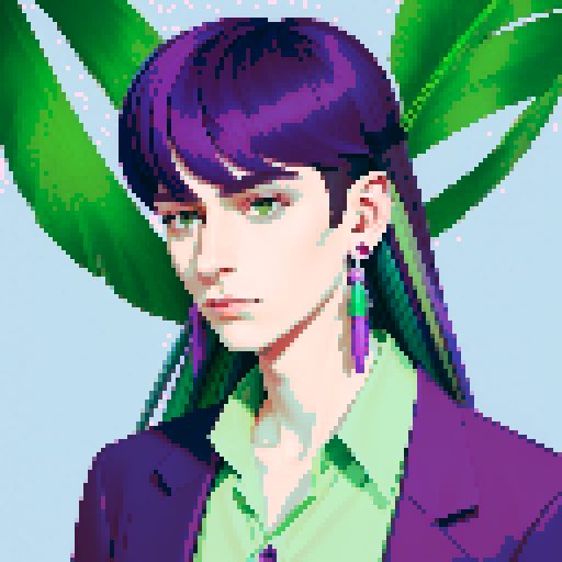 Realistic Portrait of a non binary person with long purple and green hair, feather earrings on one ear, and a tropical buttoned down shirt