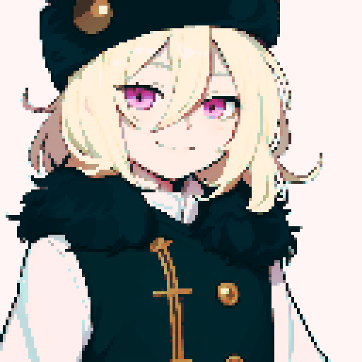 Solo male with perfect anatomy, straight-on, inframe, facing viewer, with round pupils, light blonde hair between eyes, wearing an ushanka hat with a black fur collar, a black vest, puffy sleeves, and black elbow gloves, his light pink eyes looking at the viewer, smile, in a pixel art style with sRGB colors, half closed eyes, best quality, stylised chibi,
