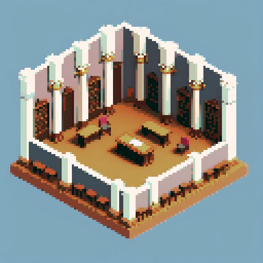 royal council, building, inside, block, wood, one discussion table, wooden interior, council room, columns, isometric