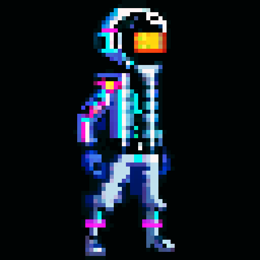 cyberpunk space trader sprite, pixel art, futuristic design, cybernetic arm with intricate detailing, glowing yellow-orange visor over the eyes, trench coat with glowing lines, blue and teal color palette with neon pink and yellow accents, distinct sci-fi aesthetic, confident posture, mid-step left first, left left bent and raised, arms extended, pixel art, sRGB