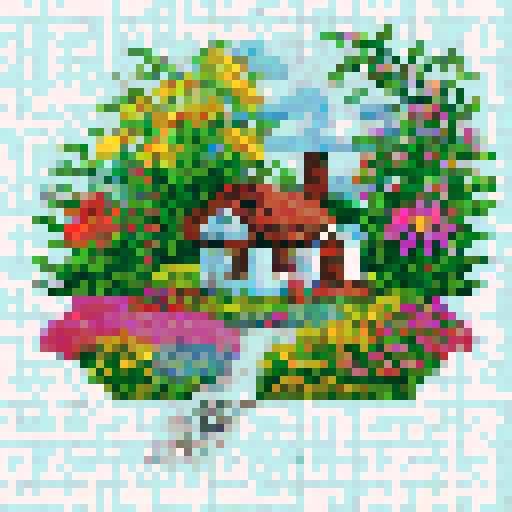 a cottage with a wildflower garden pixel art cross stitch pattern muted colors