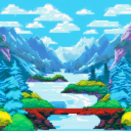 Frozen mountains looming behind a crystal-clear river, icy pine trees swaying in the wind, a small hero standing at the edge of the water, ready to jump into the unknown