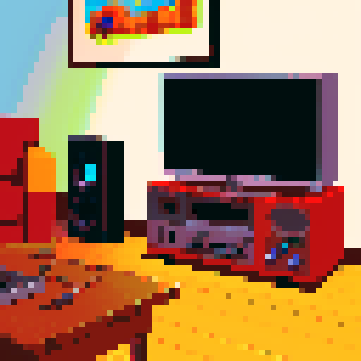 subject is Retro game console, controller plugged into old tv, TV shows image of a cabin on screen, in a cozy room
