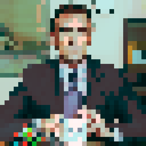 Middle-aged Caucasian male with receding dark hair, dressed in a business suit. Expressive eyebrows and a slightly bemused expression, symmetrical image 