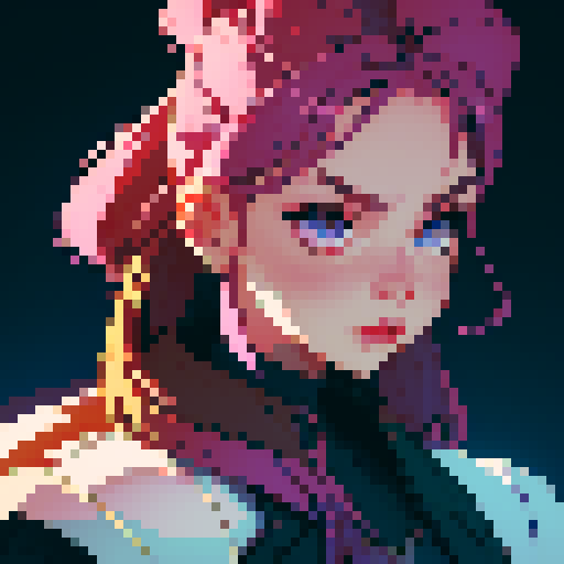 strong, busty, pixelated tavernkeeper woman portrait with non-vibrant colors, emphasized facial features