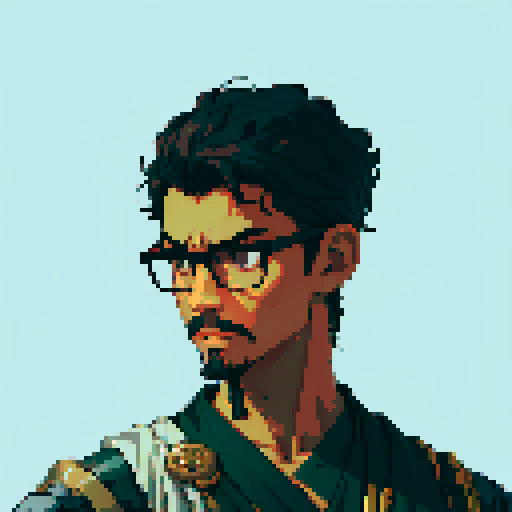 Southeast Asian man, short curly hair, round glasses, tanned, goatee, diamond shaped face, black eyes, age 25, wearing a robe