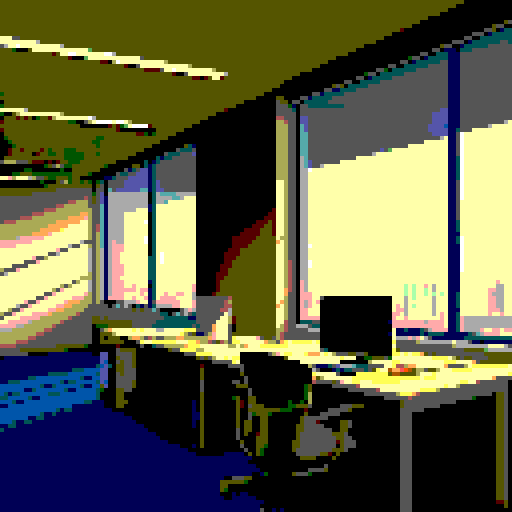 empty office space viewed from inside, large open windows letting in faint orange sunlight, desks with glowing computer monitors atop them, dim flourescent light fixtures, long dark shadows, somber mood, wide angle lens