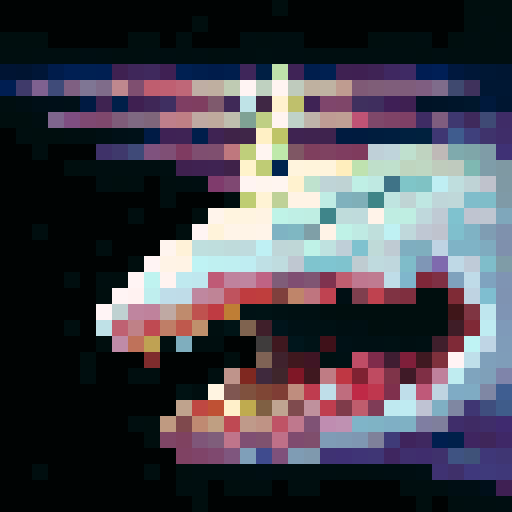 goblin shark, large bill, ominous, ugly, nasty teeth, game icon, 32x32 pixel art, sRGB, skill art