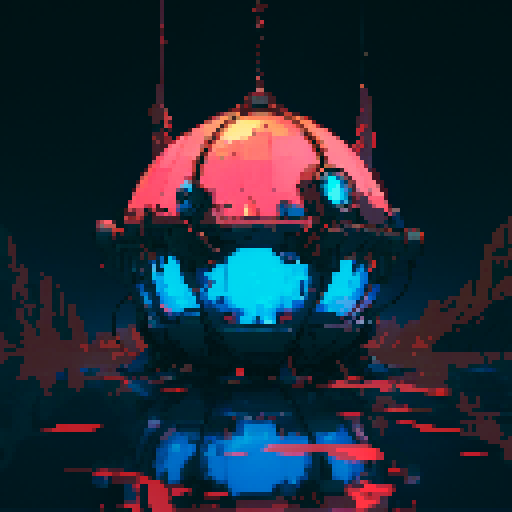 Sphere robotic, metallic sheen, glowing LED lights, mechanical limbs, retro-futuristic, geometric patterns, vibrant colors, low resolution, blocky pixels, 8-bit aesthetic, pixelated details, sharp edges, crisp lines, nostalgic video game vibe