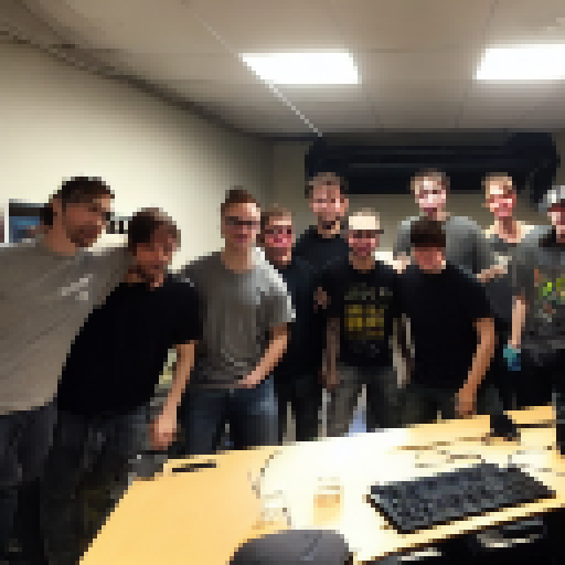 a bunch of hardcore pc gamers in a room together at a LAN party playing Quake