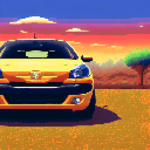Photorealistic whole Peugeot 206, three-quarter view, right front wheel, clean background, sRGB colors, pixel art style
