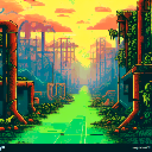 yellowish/ green toxicated air post-apocalyptic factory building, abandoned machinery, rusted pipes, overgrown vines, decaying buildings, shattered windows, eerie silence, nature reclaiming, vibrant pixelated colors, sRGB palette, atmospheric landscape

