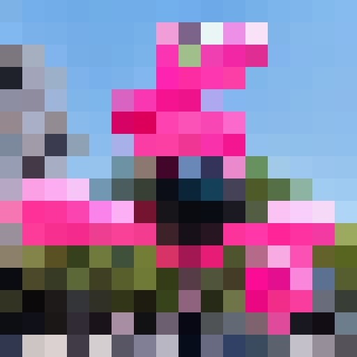 an pink dinosaur,with black glasses,hold a bunch of balloons， standing at the cross street