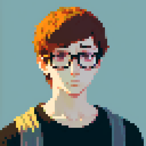 portrait, sprite art, young man, sad, narrow eyes, nerd, muted colors, depressed, city dweller