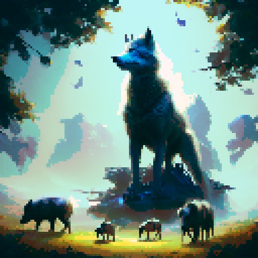 rustic, whimsical, and hand-drawn. 

        A pack of wolves sneaks through the sun-dappled fields of a rustic farm, hunting the cattle as the dark trees of the nearby woods sway ominously nearby.