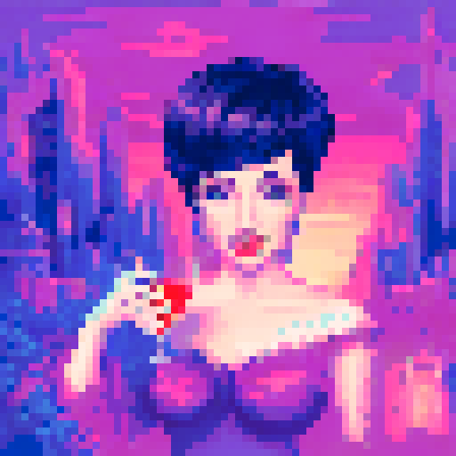 Black-haired beauty sipping a cocktail in a vibrant, pixelated landscape with sRGB colors and a unique background