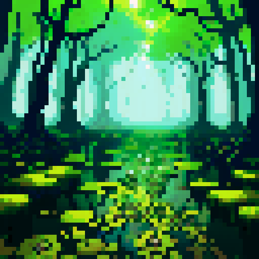 swamp floor tiles, vibrant colors, pixelated, moss-covered, murky waters, dark shadows, reflective surfaces