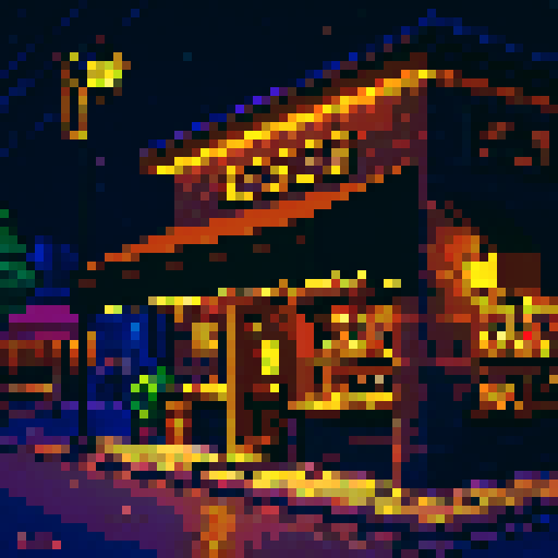 exterior of a bar, street light, night time, nocturne, black, dark purple, brown, gold, pixel art style, sRGB
Cozy Character
4 images