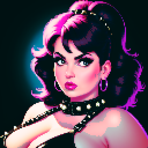 curvy, busty 1980s rocker babe with studded collar. Portrait of head, in a close up glamour shot. Wearing Halter top. Neon lighting, modern tile backsplash