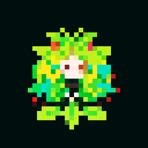 A beautiful nymph covered in vibrant petals and leaves. It has long, flowing hair made of vines, bright eyes, and an enchanting smile. It exudes an aura of beauty and charm. No background.
