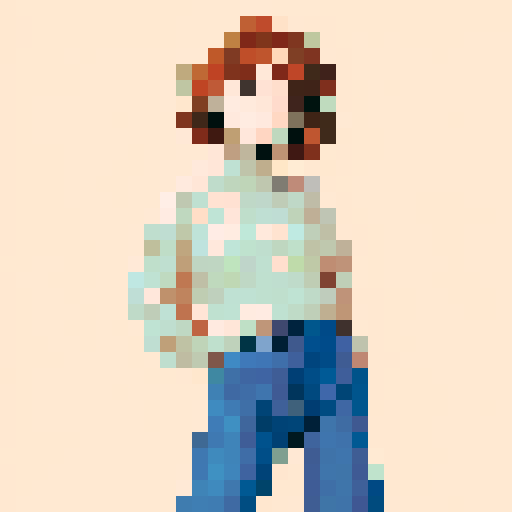 tousled chestnut hair, worn denim jeans, earth-toned sweater, pixelated style, sRGB