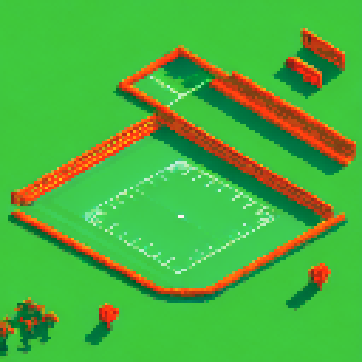 Tecmo Bowl Football Field, orange and light blue colors, green grass, pixel art, sRGB, background, landscape