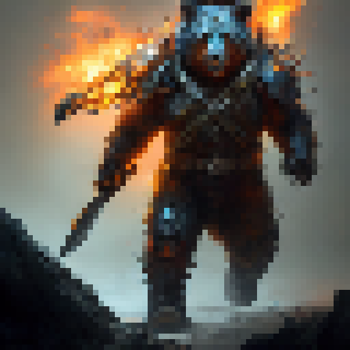 War bear charging through a fiery battlefield, wielding a massive battle axe in a suit of spiked armor, with glowing red eyes and sharp teeth bared, surrounded by fallen soldiers and scorched earth, in an epic display of power and brutality.