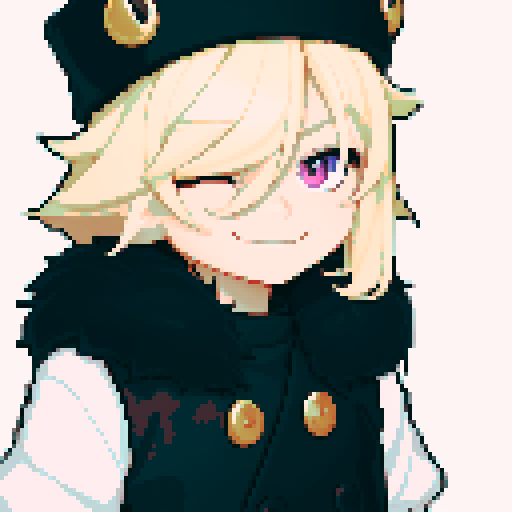 Solo male with perfect anatomy, straight-on, inframe, facing viewer, with round pupils, light blonde hair between eyes, wearing an ushanka hat with a black fur collar, a black vest, puffy sleeves, and black elbow gloves, his light pink eyes looking at the viewer, smile, in a pixel art style with sRGB colors, half closed eyes, best quality, stylised chibi,