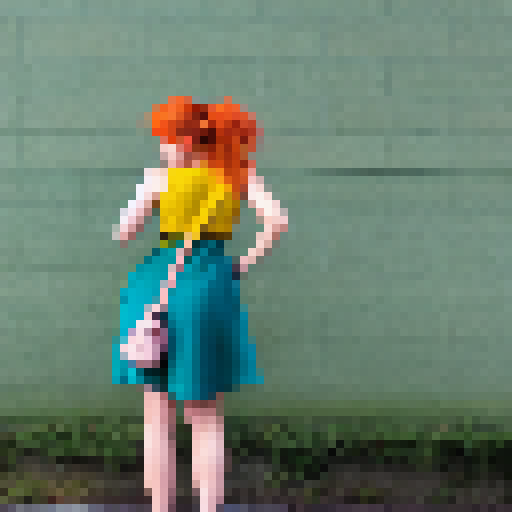 Anime-style, a woman with auburn hair, wearing a vibrant yellow sundress, squats in a dimly-lit alley, relieving herself against a teal brick wall.