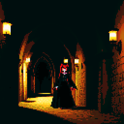 A vampire lurking in an old castle hallway