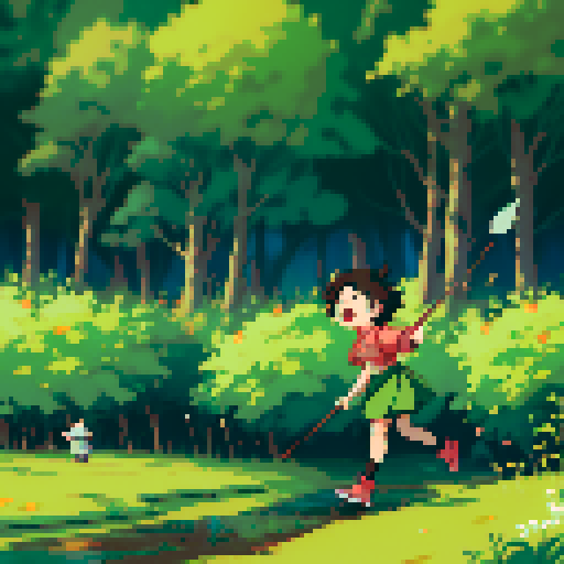 Create an image of a whimsical cartoon bear chibi character. The character is small, with a simple brown body and round black eyes. It is joyfully jumping over a puddle in a muddy forest path, using a makeshift stick as a pogo stick. The background should depict vibrant green trees and shrubs, capturing a playful and adventurous scene.