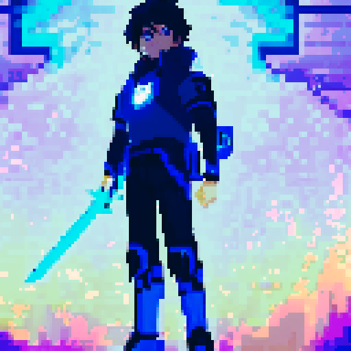 young hero with blue glowing cyber sword shonen with dark hair, astralite, anime game pixel art, A vibrant and colorful RPG-style scene with Super Nintendo graphics, featuring a 16-bit color palette and a resolution of 256x224 pixels, very detailed