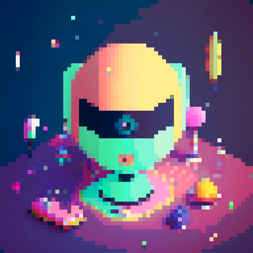Space station, cute androgyne IA, vibrant colors, retro aesthetics, pixel art, glowing stars, sleek architecture, futuristic elements, adorable space suit, robotic companion, floating in zero gravity, cosmic background, playful expressions, small and delicate features, whimsical spacecrafts, lively energy